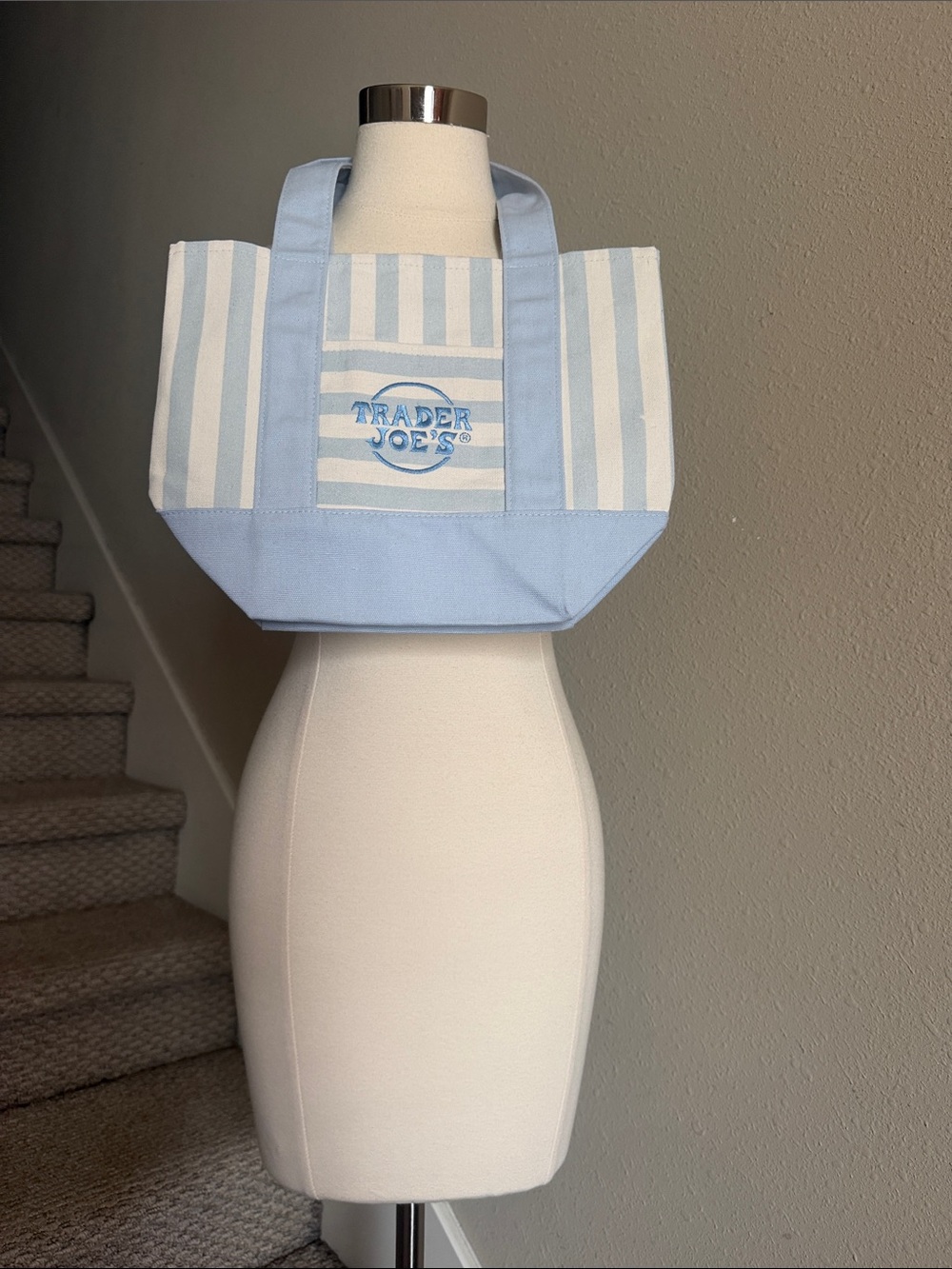 NWT Trader Joe's Striped Light Blue and White Mini Canvas Tote - Picture 3 of 6